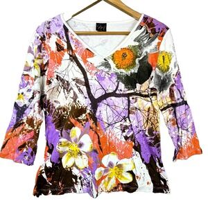 Katina Marie Blouse Top Womens Medium Multicolor Floral Cotton 3/4 Sleeve V-Neck